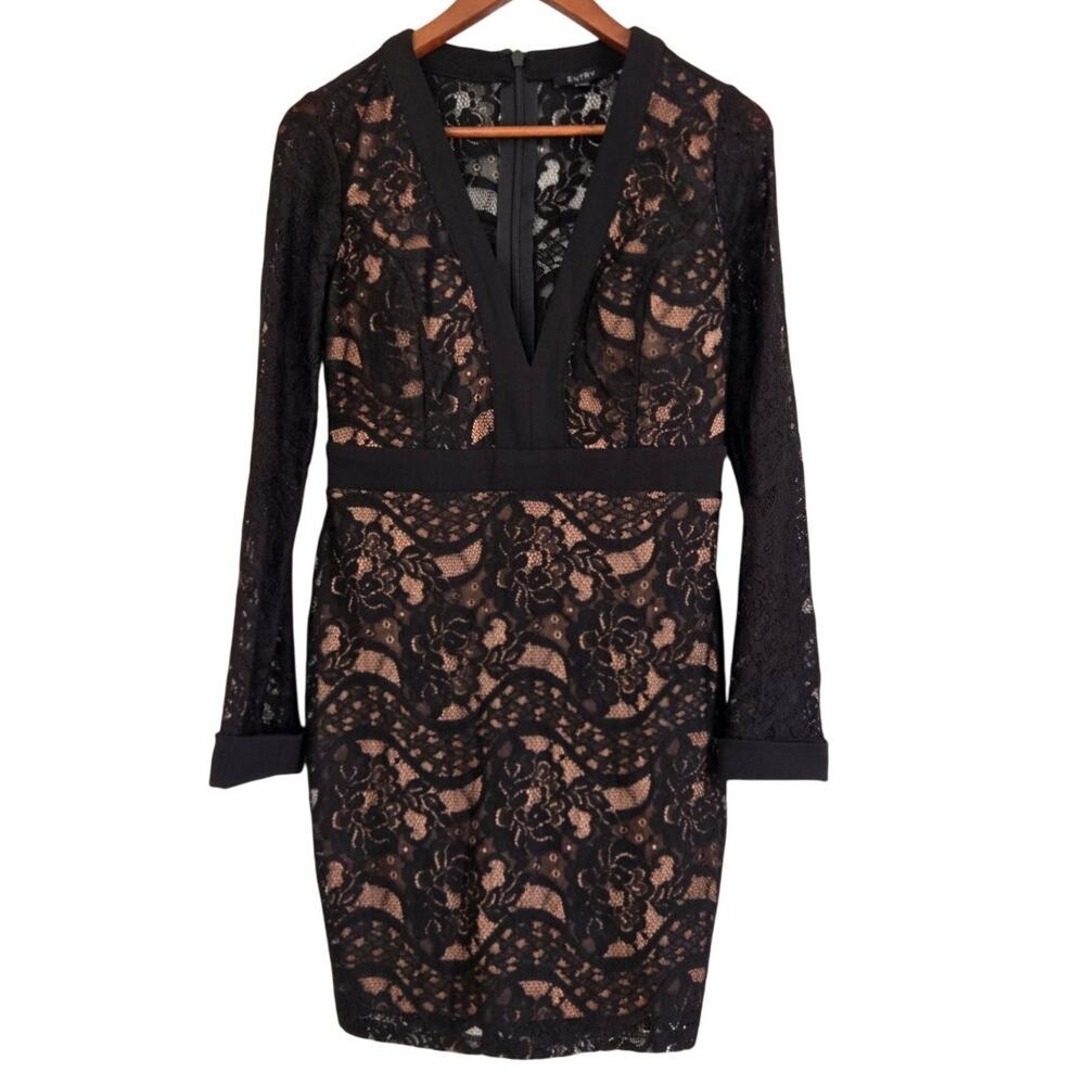 Vintage Vampy Black Lace Deep Plunge Mini Dress Gothic Romance Y2K Size Medium